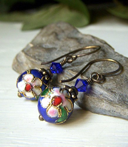 Blue Cloisonne Earrings - Brass Teardrop Short Dangle - Asian Hand Enamel Floral Earrings