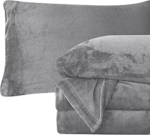 Elegant Comfort Luxuriously Soft 4-Piece Velvet Plush Flannel Sheet Set - Premium Quality - Cozy Warm, Anti-Static, Non Pilling Fuzzy Velvet Flannel Fleece Deep Pocket Sheet Set - Cal King, Gray