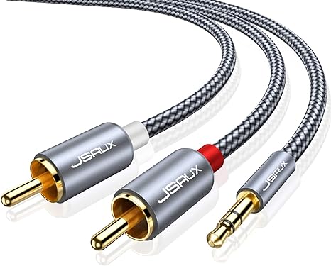 JSAUX RCA to 3.5mm Aux Cable, Headphone Male to Male Jack Adapter Nylon Braided 1/8 to RCA Audio Y Cord for Smartphones, MP3, Tablets, Speakers, HDTV -Grey, 6.6ft/2M