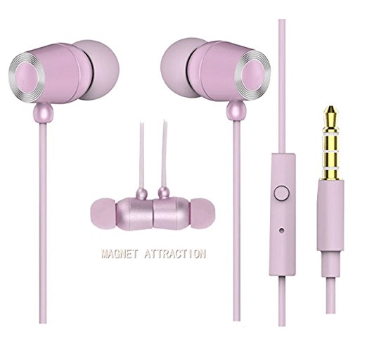 Earbuds,Miclech Magnet Attraction In-Ear Earphones Mic Stereo Noise Isolating Headphones Headset (Pink)