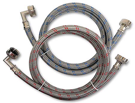 Premium Stainless Steel Washing Machine Hoses with 90 Degree Elbow, 10 Ft Burst Proof (2 Pack) Red and Blue Striped Water Connection Inlet Supply Lines - Lead Free