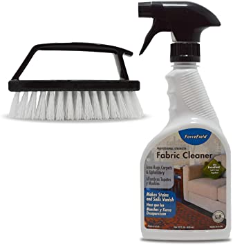 ForceField Fabric cleaner Kit: 22 Oz Professional Strength Force Field Carpet And Upholstery Cleaning Spray, Handheld Scrub Brush With Handle Detailing, Works For Furniture, Clothes And More.
