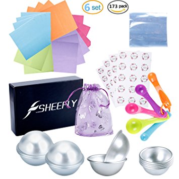 SHEEFLY Bath Bomb Mold Set 173pcs - 12 pcs 3 size DIY Metal Mold with Spoons, Wrapping papers, Shrink Wrap Bags, Hand Made Stickers for Bath Bomb Making, Handmade Soaps and Crafts 5 Gift Bags