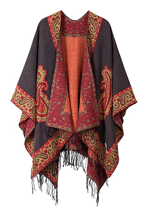 Women's Fashionable Retro Style Vintage Pattern Tassel Poncho Shawl Cape