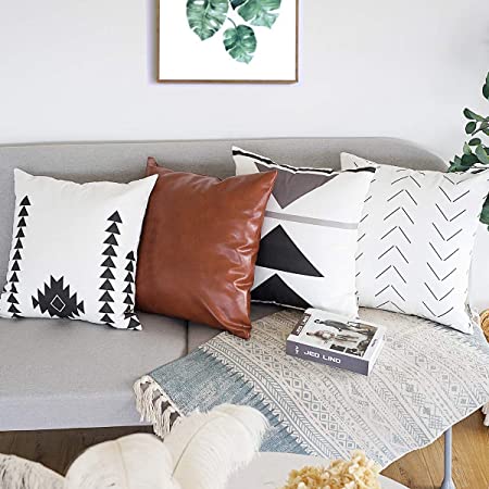 FOOZOUP Decorative Pillow Covers Only 18x18 Inches Set of 4 Modern Boho 100% Cotton Geometirc Faux Leather Square Throw Pillow Cases Pillow Sham Sets