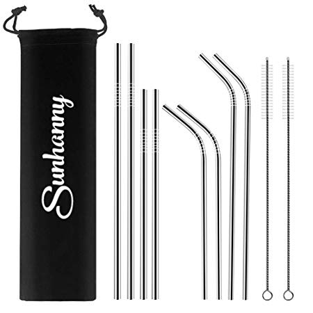 Sunhanny Set of 8 Stainless Steel Straws for 30oz 20oz Tumblers Cups Mugs,Reusable Metal Drinking Straws with Cleaning Brush(4 Straight   4 Bent   2 Brushes Carry Bag)
