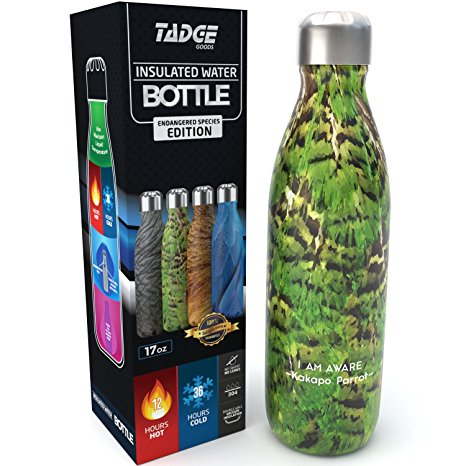 Insulated Stainless Steel Water Bottle - Endangered Species Edition - Metal Thermo Style Bottles Great For Sports, Gym, Kids - Keeps Drinks Hot & Cold - 17 Oz Large