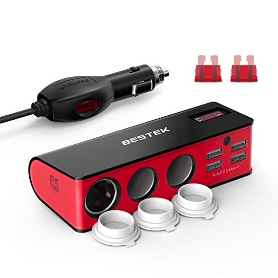 BESTEK 3-Socket 200W 12V/24V DC Cigarette Lighter Power Adapter with 6A 4-Port Car USB Splitter Charger