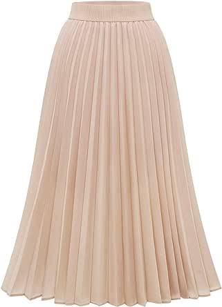 DRESSTELLS Women's Pleated Elastic High Waist A-Line Shirring Swing Midi Skirt