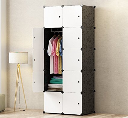 PREMAG DIY Portable Wardrobe Closet, Modular Storage Organizer, Space Saving Armoire, Deeper Cube With Hanging Rod 10 cubes