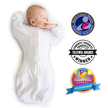 SwaddleDesigns Transitional Swaddle Sack with Arms Up, Classic Polka Dot, Sterling, Medium, 3-6mo, 14-21 lbs (Parents' Picks Award Winner)