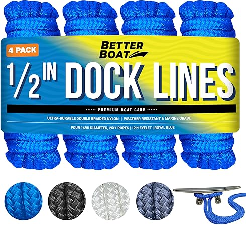 Boat Dock Lines & Rope Boat Ropes for Docking 1/2" Line Braided Mooring Marine Rope 25FT 1/2 Inch Nylon Rope Boat Dock Lines for Docking Boat Lines Boating Rope Braided with Loop Royal Blue 4 Pk