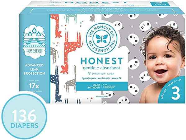 The Honest Company Super Club Box Diapers with TrueAbsorb Technology, Pandas & Safari, Size 3, 136 Count