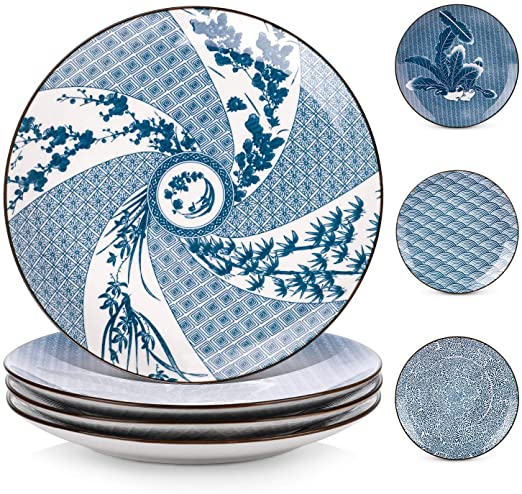Y YHY Porcelain Dinner Plate Set, 10 Inches Serving Plates, Assorted Patterns, Blue and White, Set of 4