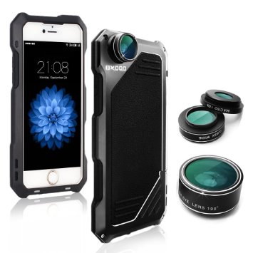 iPhone 6/6s Camera Lens Kit, OXOQO 3 in 1 198° Fisheye Lens   15X Macro Lens   Wide Angle Lens with IP54 Dustproof Shockproof Aluminum Case, Built-in Screen Protector 4.7 Inches(Black)