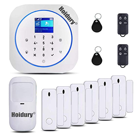 App Controlled 2.4Ghz WiFi GSM Home Security Alarm System DIY Kit Auto Dial for Home Security Office Apartment Store No Monthly Fee 1 PIR Motion Sensor 6 Door Contacts 2 Remote Controller 2 RFID Tags