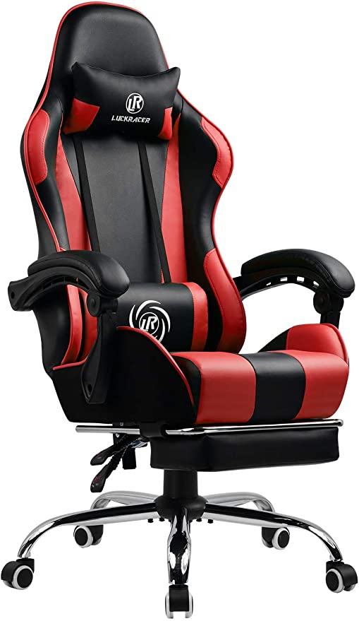 LUCKRACER Gaming Chair Massage with footrest Office Chair with Massage Lumbar Support Swivel Chair with Racing Style Armrest PU Leather High Back (Red)