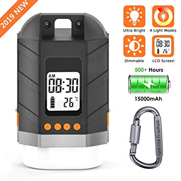Sinvitron Rechargeable LED Camping Lantern, 2 in 1 Dimmable Camping Tent Light Lantern Flashlight/Power Bank 15000mAh W/LCD Screen, 4 Light Mode, Survival Kit for Emergency, Hurricane, Power Outage