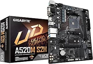 GIGABYTE Carte mère A520M S2H - Prend en charge les processeurs AMD Ryzen série 5000 AM4, VRM numérique pur 4 3 phases, jusqu'à 5100 MHz DDR4 (OC), PCIe 3.0 x4 M.2, LAN GbE, USB 3.2 Gen 1