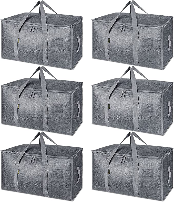 BALEINE 6-Pack Oversized Moving Bags with Reinforced Handles, Heavy-Duty Storage Tote for Clothes, Moving Supplies (Winter Grey, 6-Pack)