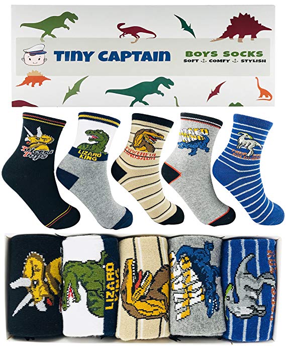 Tiny Captain Boy Dinosaur Socks 4-7 Year Old Boys Crew Cotton Sock Perfect Age 5 Gift Set