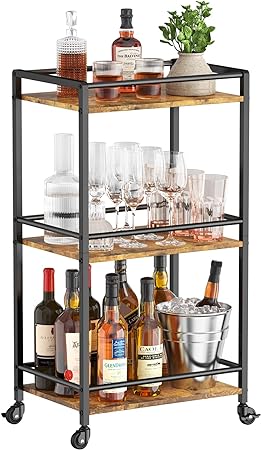 Lifewit Bar Cart for The Home, 3 Tier Small Rolling Wine Cart, Drink Serving Cart with Lockable Wheels, Mini Liquor Utility Cart for Kitchen Dining Living Room, 17" x 11.8" x 29.9", Rustic Brown