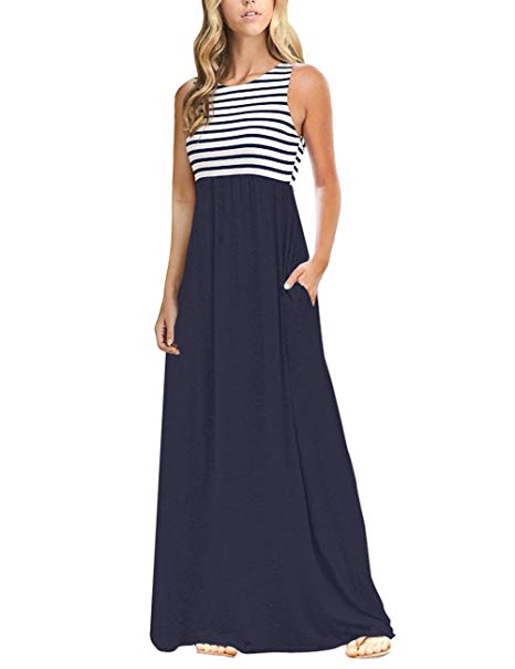 MEROKEETY Women's Summer Striped Sleeveless Crew Neck Long Maxi Dress Dress with Pockets