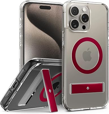 Caseology Capella Mg Kick Stand for iPhone 15 Pro Max Case 5G [Ultra-Clear Anti-Yellowing Compatible with Magsafe] Military Grade Drop Tested (2023) - Clear Red