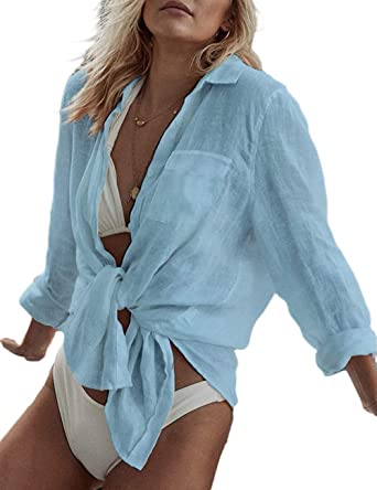 Bsubseach Women Long Sleeve Beach Shirt Blouses Turn Down Collar Bathing Suit Cover Ups