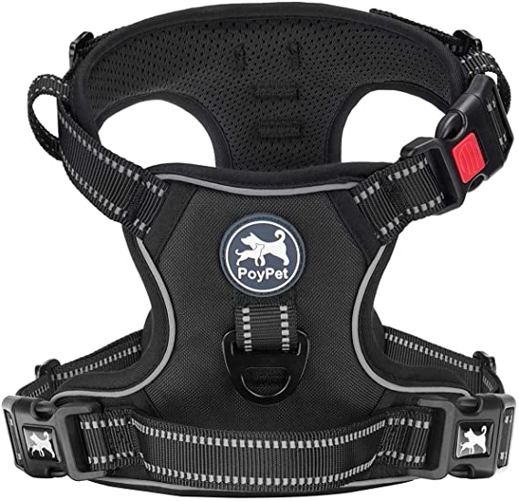 PoyPet No Pull Dog Harness, [Release on Neck] Reflective Adjustable No Choke Pet Vest with Front & Back 2 Leash Attachments, Soft Control Training Handle for Small Medium Large Dogs