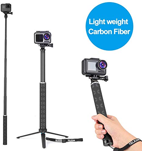 TELESIN Selfie Stick Tripod, 35.5'' Carbon Fiber Lightweight Selfie Pole Monopod for GoPro Hero 8, Hero 7, Hero 6, Hero 5, Hero 4 3, DJI Osmo Action Osmo Pocket, Insta360, AKASO and More Action Camera