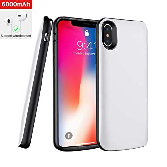 iPhone X Battery Case,[6000mAh] iphonex Portable Charger,Portable Rechargeable Protective Charging Case Slim for Apple iPhone 10,Support Lightning Earphone and Sync-Though(White)