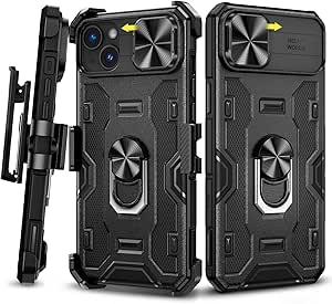 Caka for iPhone 14 Plus Case, iPhone 14 Plus Phone Case with Belt-Clip Holster & Slide Camera Cover, Built-in 360°Rotate Kickstand Stand Magnetic Case for iPhone 14 Plus -Black