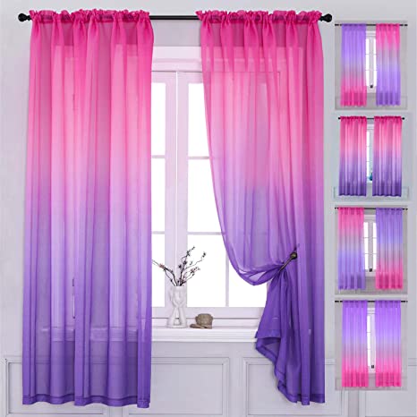 Yancorp 2 Panel Sets Bedroom Curtains 63 inch Length Sheer Curtain Pink Purple Ombre Curtains Rod Pocket Drapes for Girls Living Room Mermaid Bedroom Nursery Kid Window Decor(Pink Purple, 40"x63")