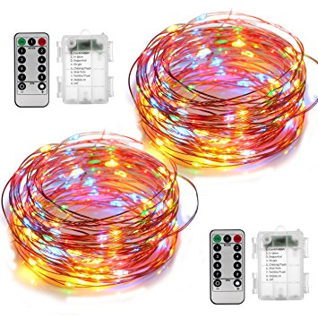 2 Set Fairy String Lights Battery Operated Waterproof YIHONG 8 Modes 50 LED String Lights 16.4FT Copper Wire Firefly Lights Remote Control (Multicolor)