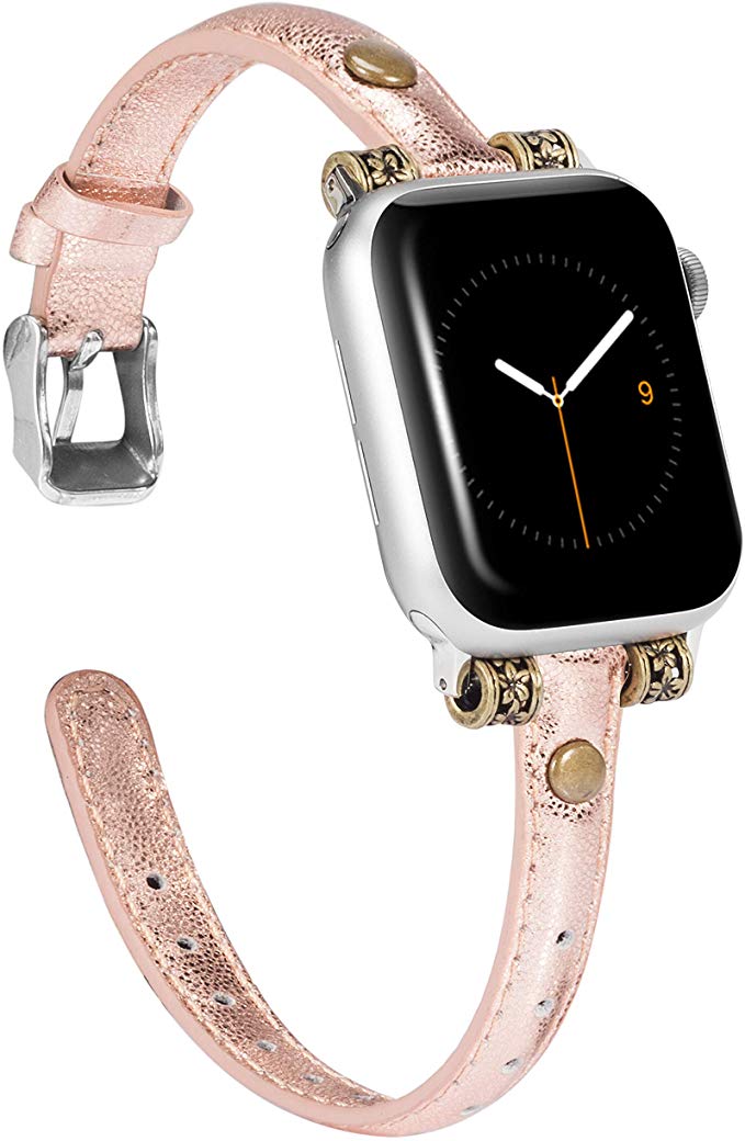 Wearlizer Leather Bands Compatible with Apple Watch Band 38mm 40mm for iWatch Womens Mens Special Slim Vintage Wristband Replacement Strap Series 5 4 3 2 1 Edition - Glitter Rose Gold