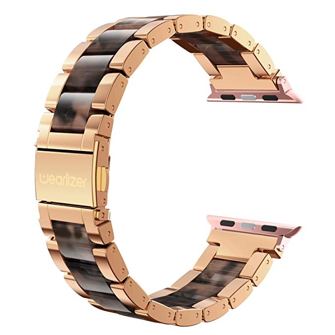 Wearlizer for Apple Watch Bands 42mm, for iWatch Straps Replacement Stainless Steel Wristbands Womens Mens-Rose Gold Tortoise