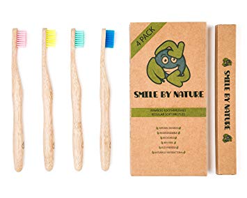 Natural Bamboo Toothbrush Set | Eco Friendly | Biodegradable | Vegan | Recyclable | Elegant Wooden Handle | BPA Free | Natural Dental Care | Soft Bristles | 4 Pack | Adults | Kids | By Smile by Nature