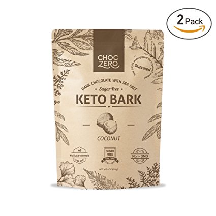 ChocZero's Keto Bark, Dark Chocolate Coconuts with Sea Salt. 100% Stone-Ground, Sugar Free, Low Carb. No Sugar Alcohols, No Artificial Sweeteners, All Natural, Non-GMO (2 Bags)