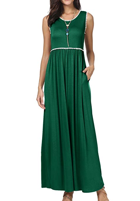 levaca Womens Summer Plain Sleeveless Loose Swing Casual Long Maxi Dresses with Pockets