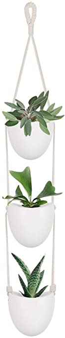 Mkono 3 Tier Ceramic Hanging Planter Indoor Wall Plant Pot Holder for Succulent Herbs Air Plant Live or Faux Plants Modern Vertical Garden for Home Decor