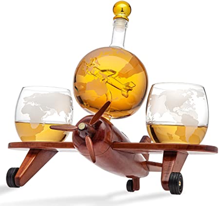 Godinger Whiskey Decanter Airplane Globe Set with 2 World Whisky Glasses - for Liquor Scotch Bourbon Vodka