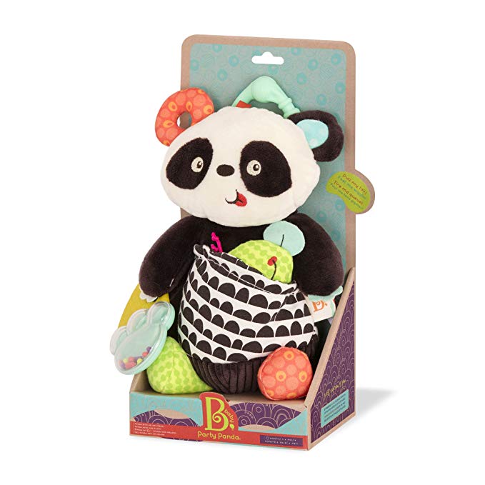 B. toys – Party Panda Stuffed Animal – Vibrating Stuffed Panda Bear with Baby Rattle and Detachable Teether – Chiming Plush Sensory Toys