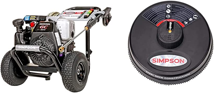 SIMPSON Cleaning MSH3125 MegaShot 3200 PSI Gas Pressure Washer,1/4-in. x 25-ft. MorFlex Hose & Cleaning 80165 Universal 15" Steel Pressure Washer Surface Cleaner, Black
