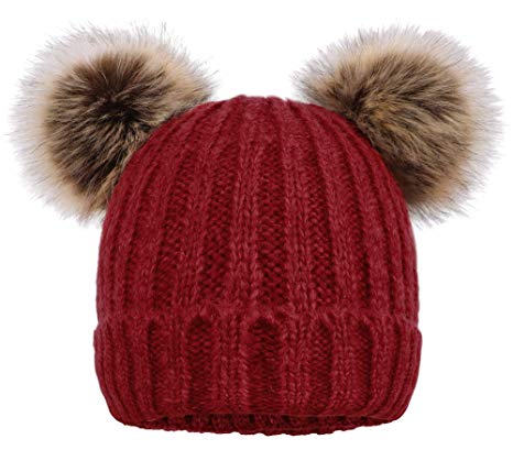 Arctic Paw Cable Knit Beanie with Faux Fur Pompom Ears