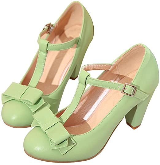 Susanny Women's Chic Sweet Round Toe T-Strap Bows Adorable Buckle High Cone Heel Mary Janes Dress Green Pumps 10.5 B(M) US