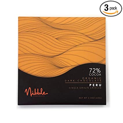 Nibble Chocolate Peru 72% | 3 Pack | Certified Organic | Vegan | 2 Ingredients | Gluten & Soy Free |