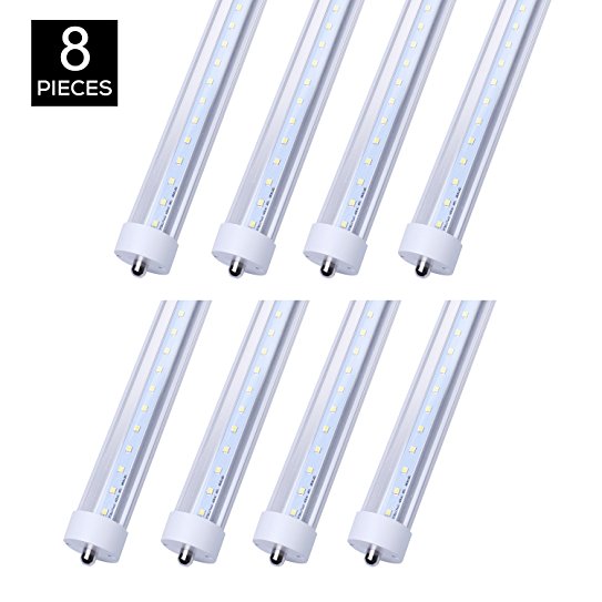Jomitop 8ft T8 LED Tube Bulb Light 45W Single Pin FA8 Base (100W Equivalent) 5000K Daylight White Work Shop Lighting Replacement Double-Ended Power Clear Cover Single Pin FA8 Base Pack of 8