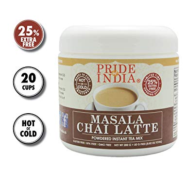 Pride Of India - Masala Chai Latte - Powdered Instant Tea Premix, 8.82oz (250gm) Jar - Makes 20-25 Cups - Amazing Flavor, Hold or Iced, Very Low Caffeine, Ready in seconds, Great for Gifting & Parties