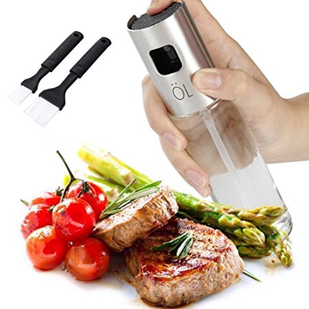 Olive Oil Sprayer Mister Dispenser with 2 Bonus BBQ Oil Brushes for Barbecue Kitchen Grill Cooking Baking, Vinegar Glass Bottle